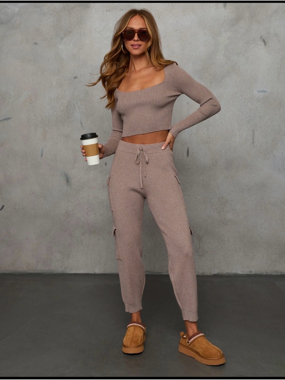 VICI Ribbed Taupe Cargo Knit Pants and cropped top - Women's Drawstring Waist